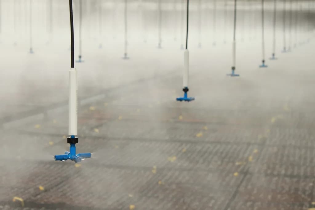 Close-up of a misting nozzle actively spraying fog over trays.