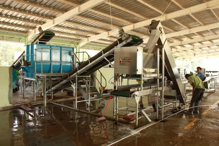 Production line with a mixing and soaking tank and inclined conveyors.