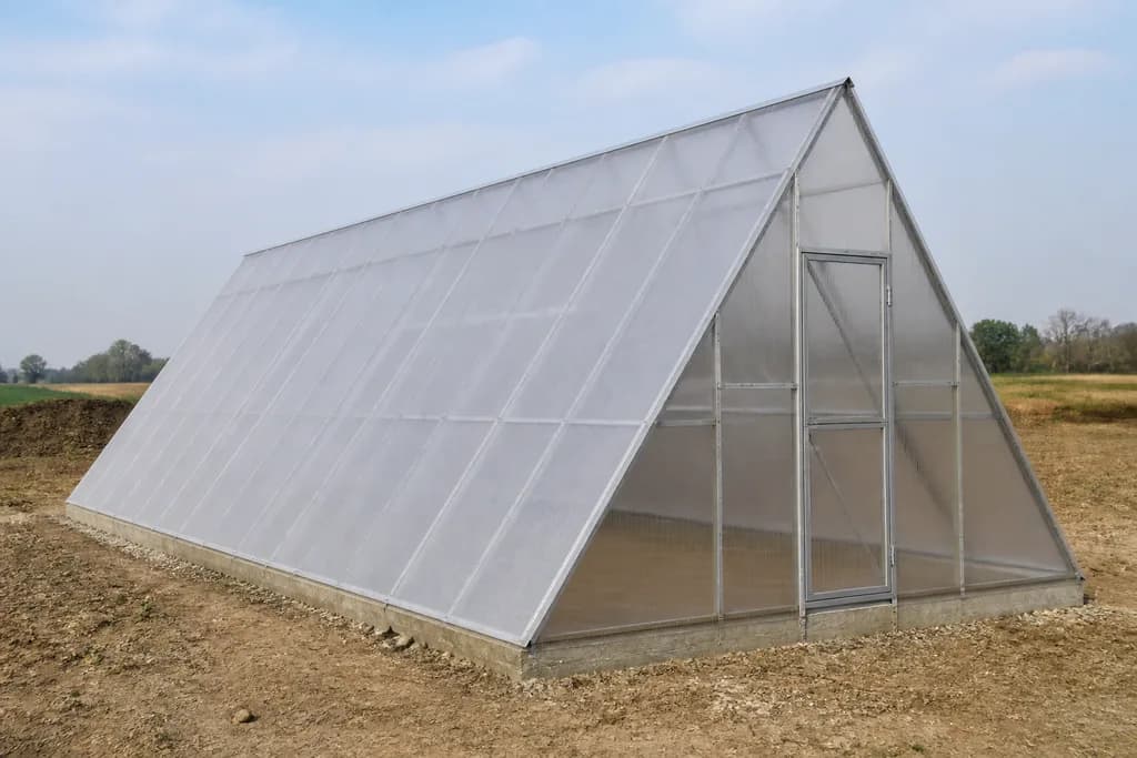 Illustrative rendering of an A-frame greenhouse.
