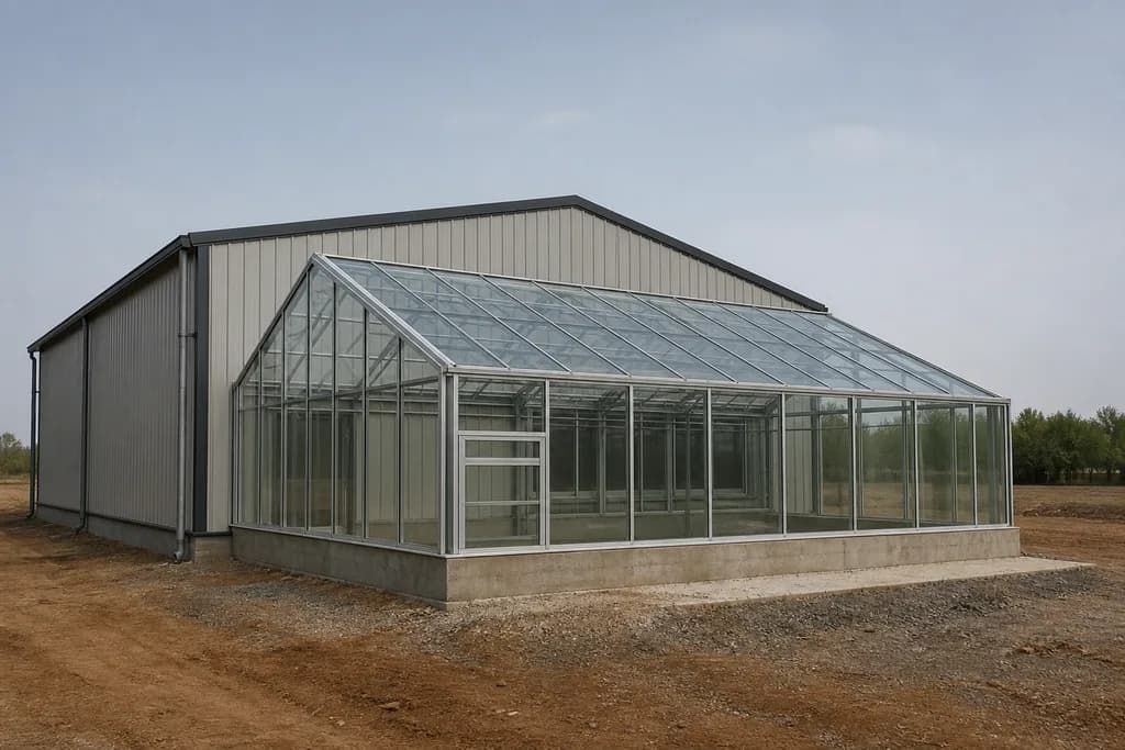 Illustrative rendering of an attached even-span greenhouse extending from a building gable end.