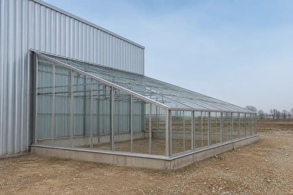 Illustrative rendering of a lean-to greenhouse attached to a building wall.