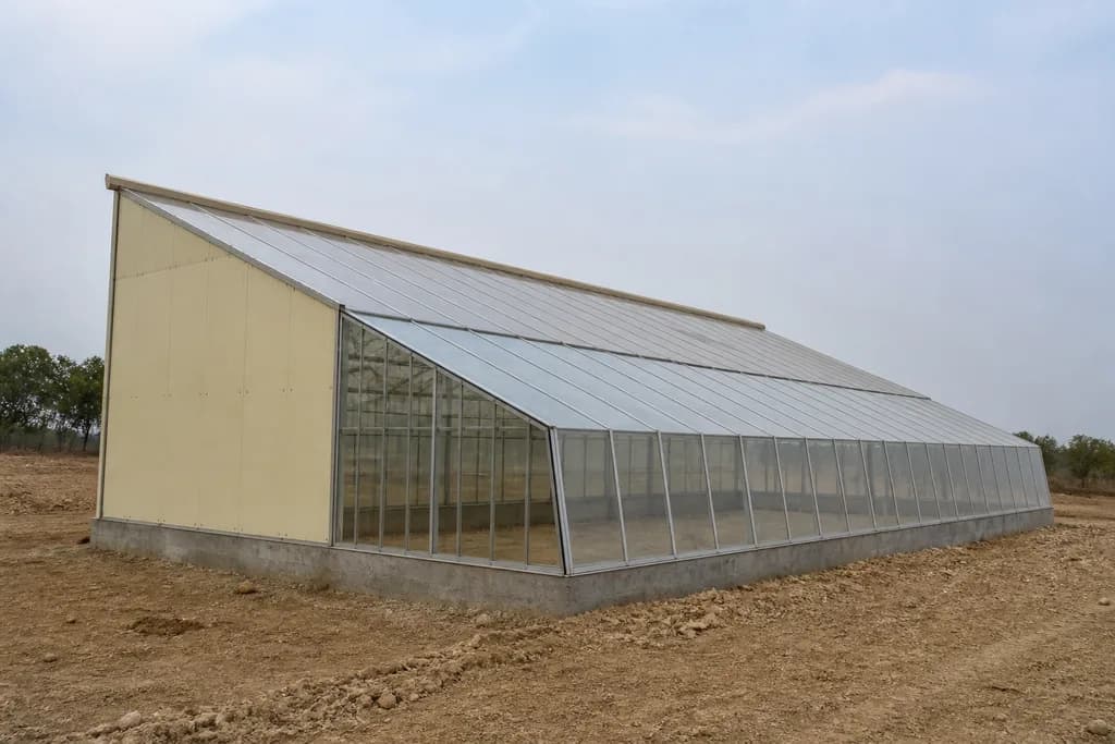 Illustrative rendering of a passive solar greenhouse.