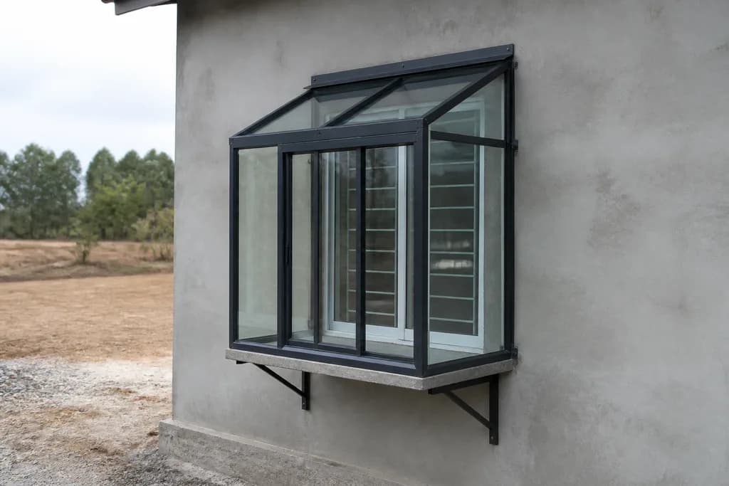 Illustrative rendering of a window-mounted greenhouse unit.