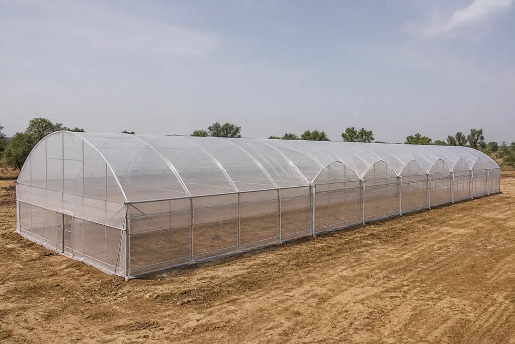 Illustrative rendering of a gutter-connected multi-span greenhouse.